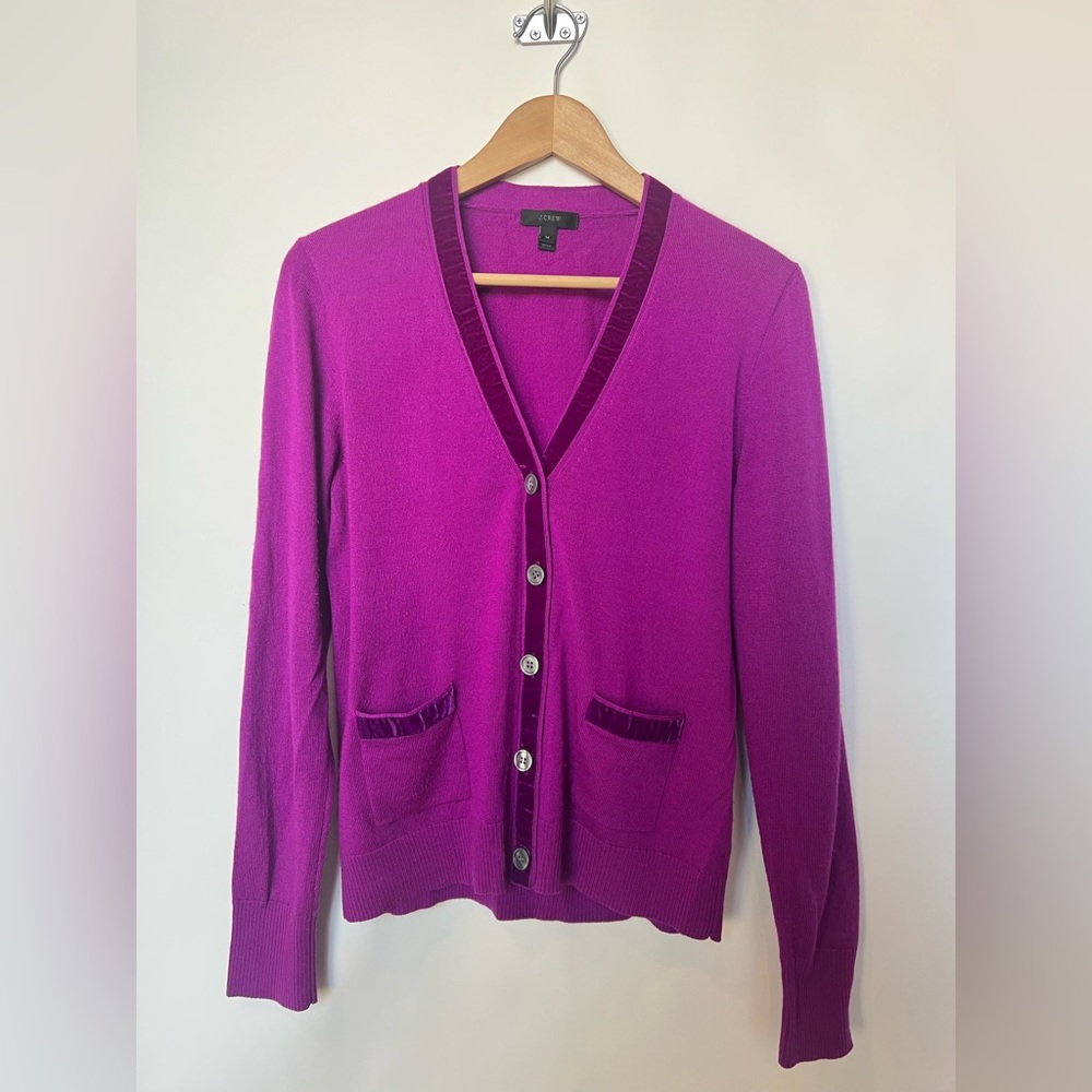 J.Crew Purple‎ Merino Wool Velvet Trim Cardigan Sweater Size M